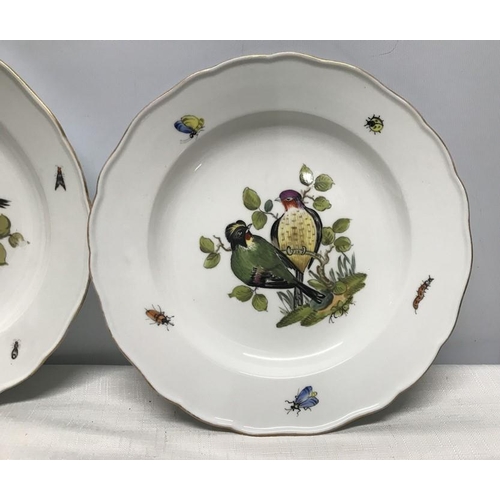 145 - Pair of Meissen handpainted plates. Birds and insects, blue cross sword mark, 25cms w.