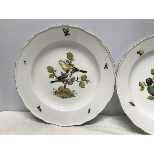 145 - Pair of Meissen handpainted plates. Birds and insects, blue cross sword mark, 25cms w.