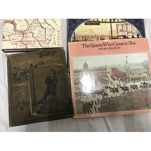 147 - Selection of books, Pilgrims Progress, sixth edition. Saddleworth Historical mapping book 1 and 2 an... 