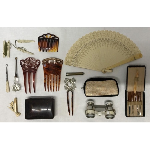 15 - A collection of ladies accessories to include 10cm opera glasses with mother of pearl eye pieces, fa... 