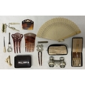 A collection of ladies accessories to include 10cm opera glasses with mother of pearl eye pieces, fa... 