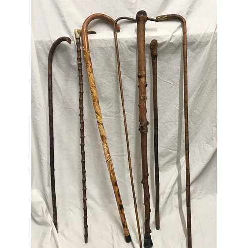 152 - Selection of seven various walking sticks. Embossed dragon design stick, 89cms l, Horn handled stick... 