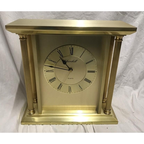 154 - Churchill quartz brass effect mantle clock, Corinthian column sides, working. 22.5 w x 22 h x 9cms d... 