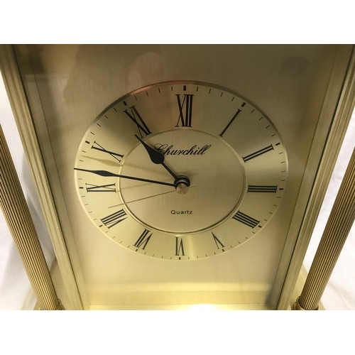 154 - Churchill quartz brass effect mantle clock, Corinthian column sides, working. 22.5 w x 22 h x 9cms d... 