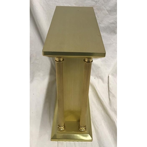 154 - Churchill quartz brass effect mantle clock, Corinthian column sides, working. 22.5 w x 22 h x 9cms d... 