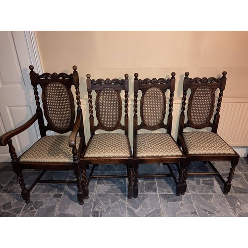 1587 - Set of oak cane back dining chairs with barley twist legs and sides. One carver and three dining cha... 