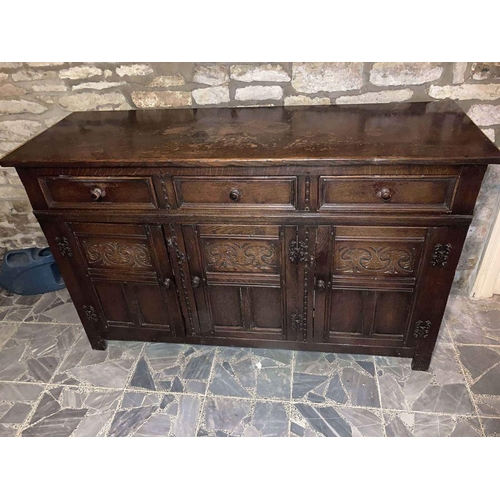 1588 - Oak Old Charm Style sideboard, three drawers over three cupboards.137w x 47d x 85h,cms.