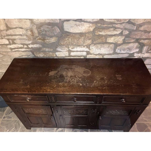 1588 - Oak Old Charm Style sideboard, three drawers over three cupboards.137w x 47d x 85h,cms.