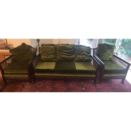 1590 - Three piece bergere cane suite. Two seater sofas and two armchairs. Chair 75d x 68w x 78hcm to back.... 