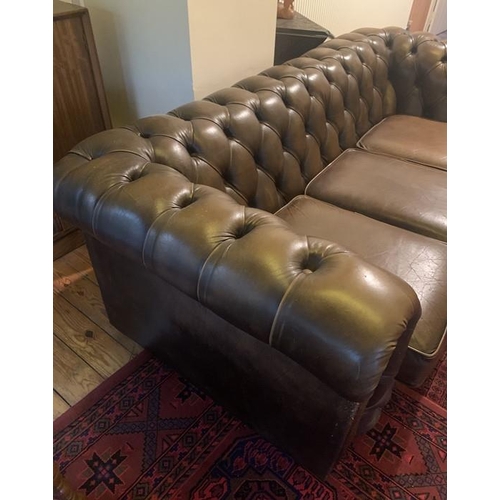 1591 - Brown leather button backed chesterfield sofa. 93d x 67h x 186w cm.