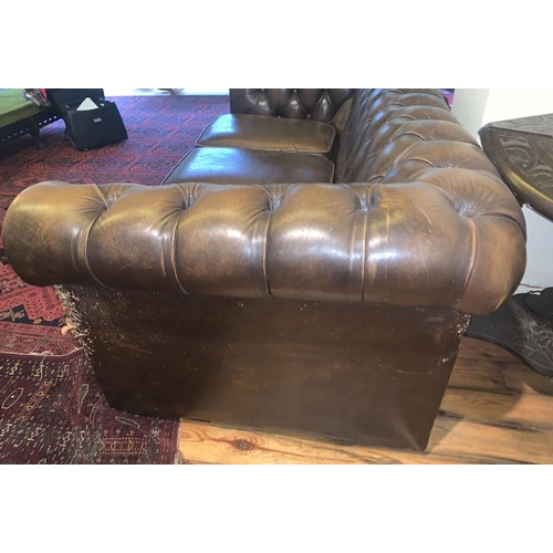 1591 - Brown leather button backed chesterfield sofa. 93d x 67h x 186w cm.