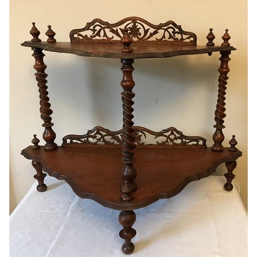 1596 - A Victorian mahogany watnot with barley twist supports and fretwork upstands. 58 h x 64 w x 36cms d.