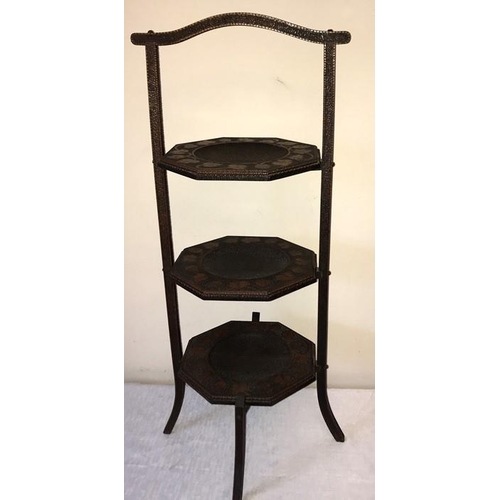 1597 - Early 20thC poker work 3 height cake stand. 77 h x 31cms w.