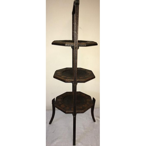 1597 - Early 20thC poker work 3 height cake stand. 77 h x 31cms w.