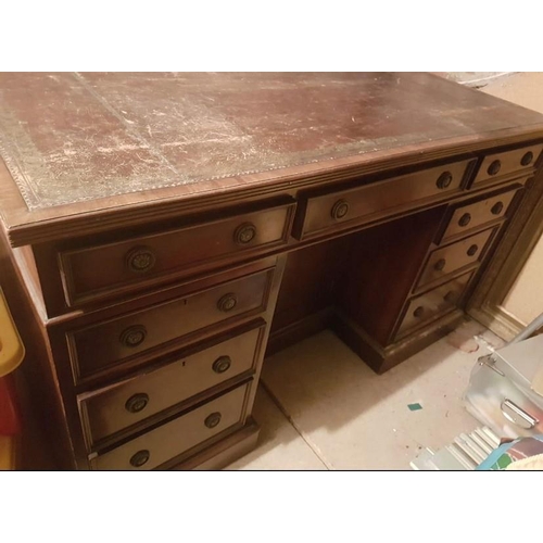 1599 - Edwardian mahogany kneehole writing desk with leather top, drawers to both sides and cupboard to cen... 