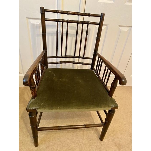 1611 - Faux bamboo armchair with upholstered seats with elm rush seated chair.