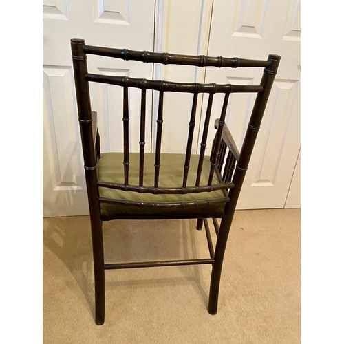 1611 - Faux bamboo armchair with upholstered seats with elm rush seated chair.