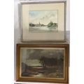 Two paintings, one depicting cottage, river and trees signed indistinctly, 44 x 29cms, the other a w... 