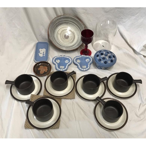 184 - Mixed lot, Wedgwood blue jasper, Dovestone pottery soup bowl x , Ruby drinking glass, slipware bowl ... 