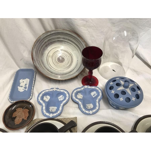 184 - Mixed lot, Wedgwood blue jasper, Dovestone pottery soup bowl x , Ruby drinking glass, slipware bowl ... 