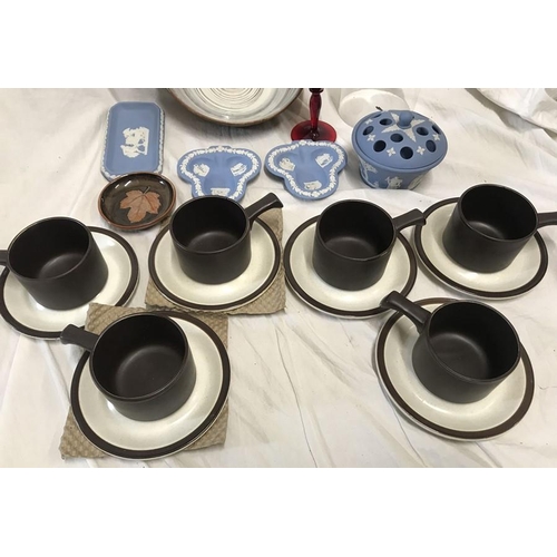 184 - Mixed lot, Wedgwood blue jasper, Dovestone pottery soup bowl x , Ruby drinking glass, slipware bowl ... 