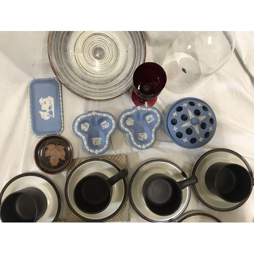 184 - Mixed lot, Wedgwood blue jasper, Dovestone pottery soup bowl x , Ruby drinking glass, slipware bowl ... 