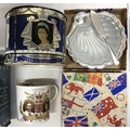 A collection of Royal memorabilia to include 3 tins, Golden Jubilee tea towel, late Foley shelly cup... 