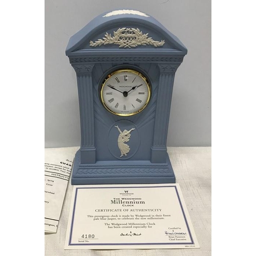 190 - Wedgwood blue jasper Millennium clock 2000, 22.5 h x 15 w x 6cms d with certificate.