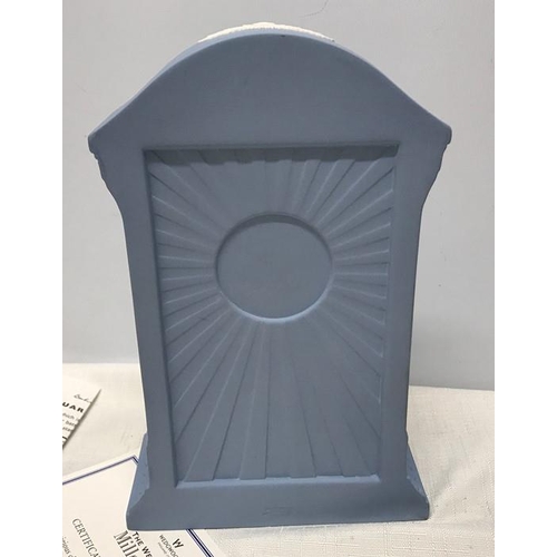 190 - Wedgwood blue jasper Millennium clock 2000, 22.5 h x 15 w x 6cms d with certificate.