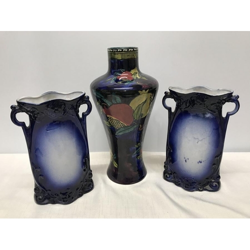 192 - Hancock and Sons Rubens Ware blue vase 29cms h and a pair of L and sons, Hanley, blue floral vases, ... 