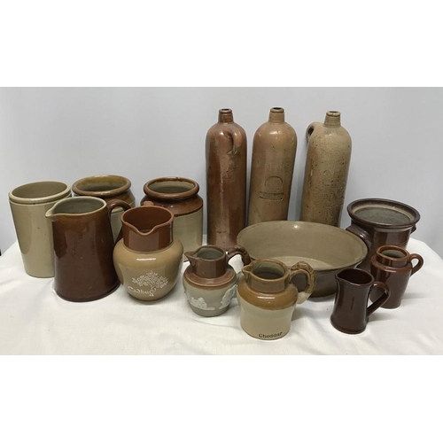 194 - Ironstone pottery Kitchenware, storage jars, three tall bottles 30cms h, baking dish, jugs including... 