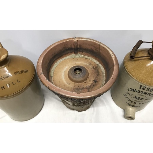 199 - Ironstone pottery, Heavily  embossed RJ LATTIN'S, Imperial Filter, Hull 25cms h and two jugs. Triump... 