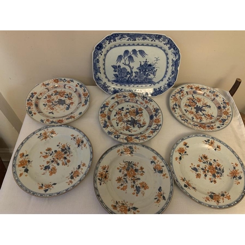 217 - Six 18thC Chinese Imari pattern, 23cms w (2 sets of 3), an 18thC Chinese blue and white plate.