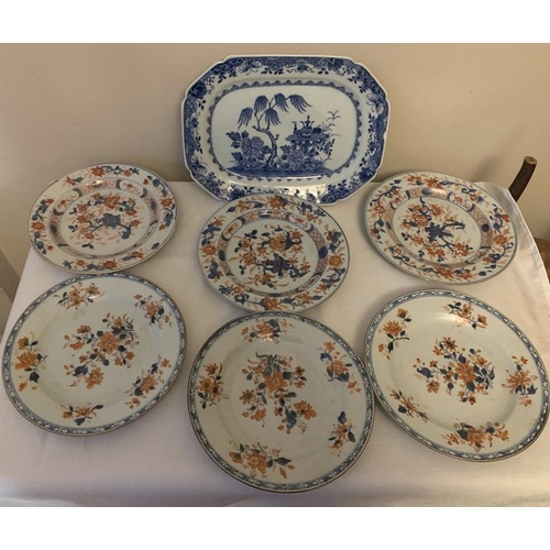 217 - Six 18thC Chinese Imari pattern, 23cms w (2 sets of 3), an 18thC Chinese blue and white plate.