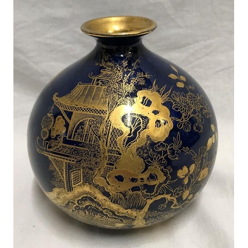 224 - A.G. Harley Jones Wilton Ware, Cobalt blue vase with gilt decoration, Pagoda 12.5cms h.