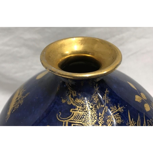 224 - A.G. Harley Jones Wilton Ware, Cobalt blue vase with gilt decoration, Pagoda 12.5cms h.