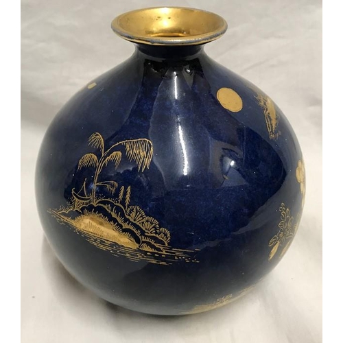 224 - A.G. Harley Jones Wilton Ware, Cobalt blue vase with gilt decoration, Pagoda 12.5cms h.