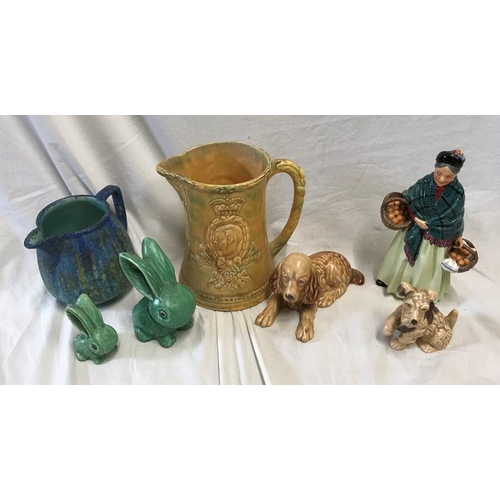 225 - Pottery selection, King Edward Coronation musical jug, 18.5cms, Sylvac green rabbits 12.5cms and 8cm... 