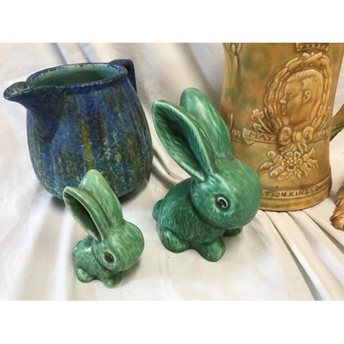 225 - Pottery selection, King Edward Coronation musical jug, 18.5cms, Sylvac green rabbits 12.5cms and 8cm... 