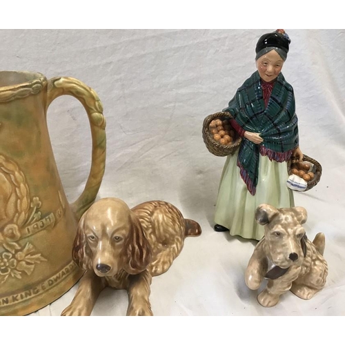 225 - Pottery selection, King Edward Coronation musical jug, 18.5cms, Sylvac green rabbits 12.5cms and 8cm... 