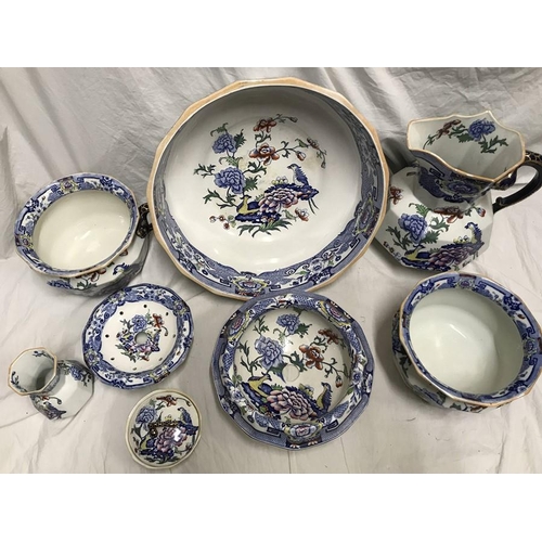 237 - Mason's 8 piece chamber set, serpent handles, washbowl 42cms w, jug 28cms h, two chamber pot, vase 1... 