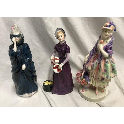 244 - Three Royal Doulton Lady figurines. Masque HN2554, 23cms h, Good Day Sir HN2896, 21cms h and Phyllis... 