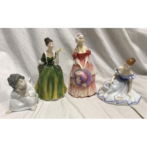 246 - Three Royal Doulton figures and one Lladro figure of a winged cherub 10.5cms h, Doulton, Fleur HN236... 