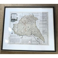 Framed coloured map print of East Riding of Yorkshire 1777. 52 w x 43cms h.