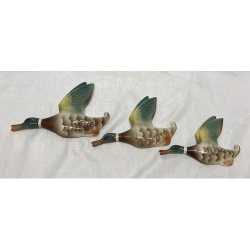 254 - Set of 3 pottery flying wall duck figures, largest 18cms w.