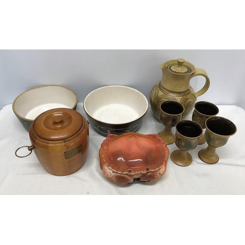 256 - Mixed selection, oak ice bucket, Portuguese pottery lidded crab 20cms w. Studio pottery jug and 4 go... 