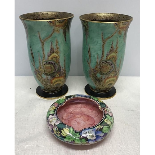 257 - Pair of Crown Devon Mattajade pattern vases 16cms h x 10cms w together with a Maling ashtray 11cms w... 