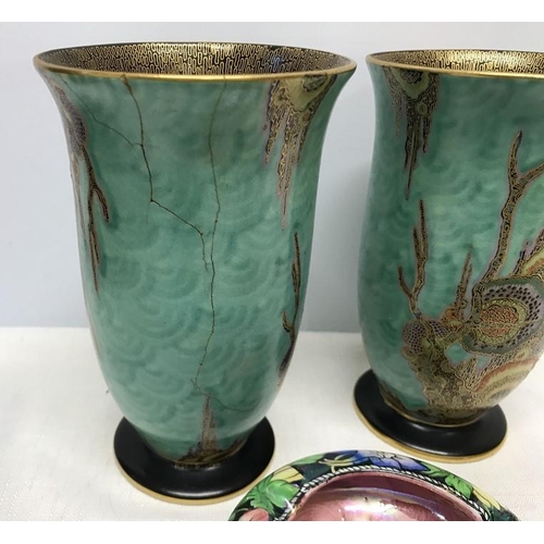 257 - Pair of Crown Devon Mattajade pattern vases 16cms h x 10cms w together with a Maling ashtray 11cms w... 