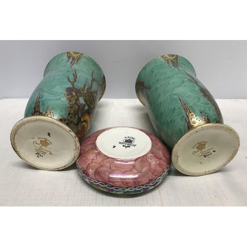 257 - Pair of Crown Devon Mattajade pattern vases 16cms h x 10cms w together with a Maling ashtray 11cms w... 