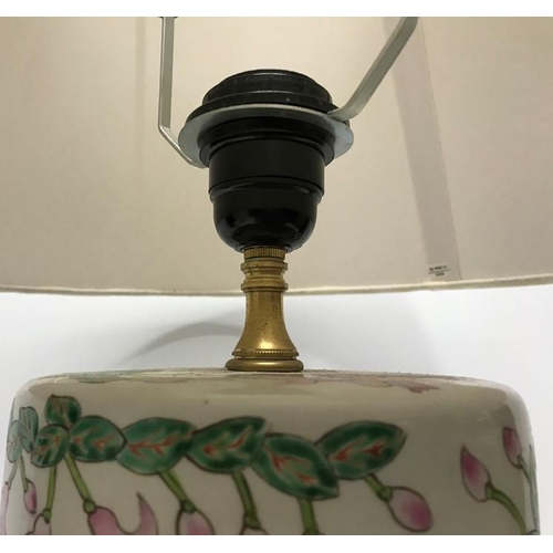 261 - Chinese pottery table lamp on carved wooden base with shade, Fuchsia pattern, 54cms h including shad... 